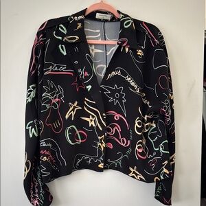 Babaton Black Blouse with Colorful Graphics